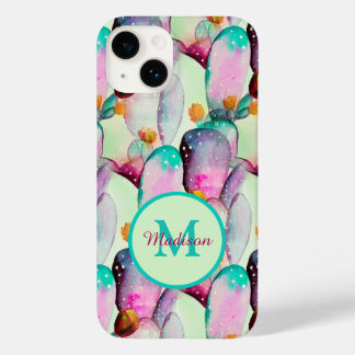 Watercolor Prickly Pear Cactus Flowers Monogrammed Case-Mate iPhone 14 Hülle