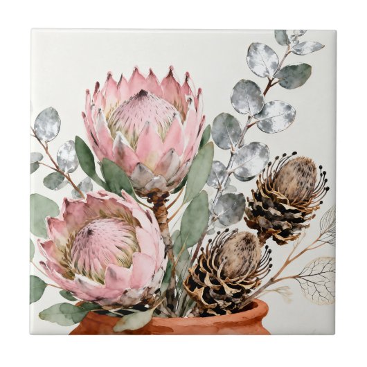 Watercolor Protea Eucalyptus Arrangement Fliese (Vorderseite)