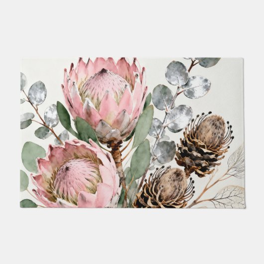 Watercolor Protea Eucalyptus Arrangement Fußmatte (Vorderseite)