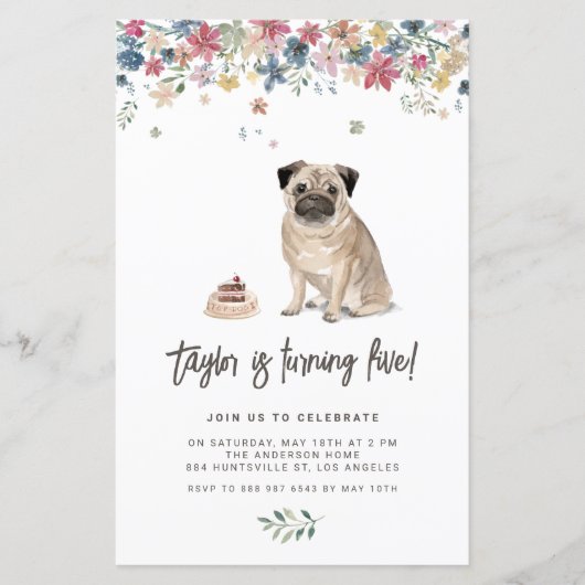 Watercolor Pug Dog Birthday Party Invitation (Vorderseite)