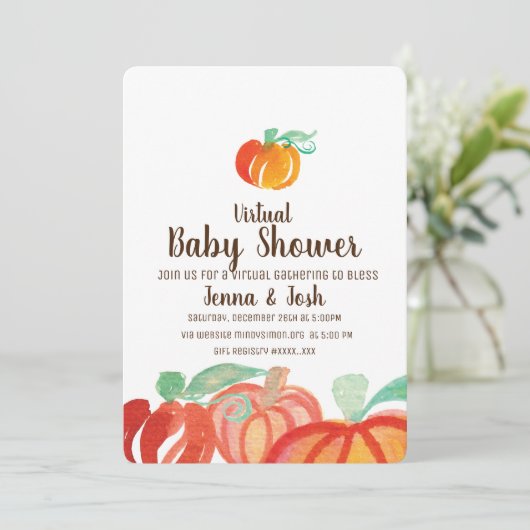 Watercolor Pumpkin Patch Virtual Baby Dusche Einladung (Stehend Vorderseite)