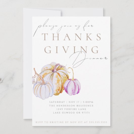 Watercolor Pumpkin Thanksgiving Dinner Invitation Einladung (Vorderseite)