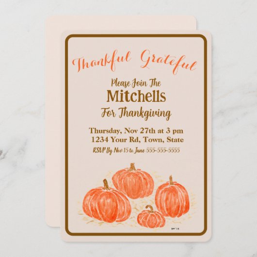 Watercolor Pumpkins Thankful Grateful  Einladung (Vorne/Hinten)