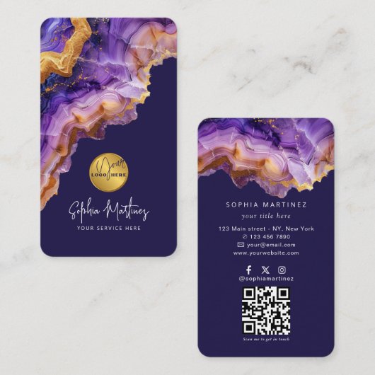 Watercolor Purple Agate gold glitter & QRCode Logo Visitenkarte (Vorne/Hinten)