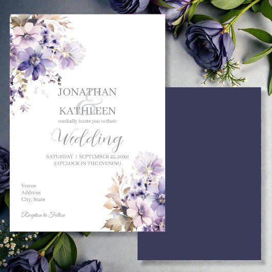 Watercolor Purple & Blue Floral Wedding Invitation Einladung