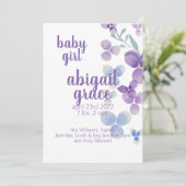 Watercolor Purple Blumen Geburtsankündigung Ankündigung (Stehend Vorderseite)