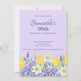 Watercolor Purple Floral 90th Birthday Party Einladung