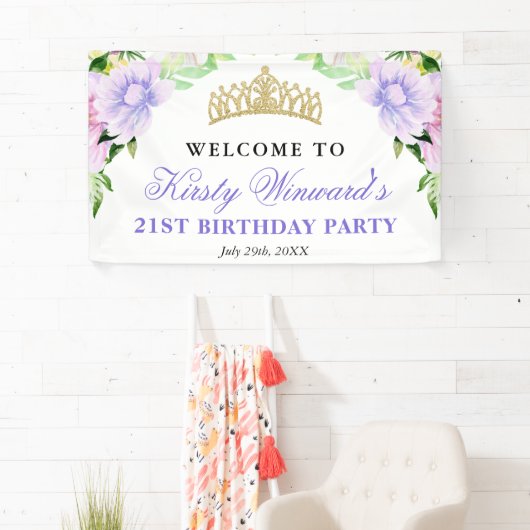 Watercolor Purple Flowers Welcome Birthday Party Banner (Insitu)