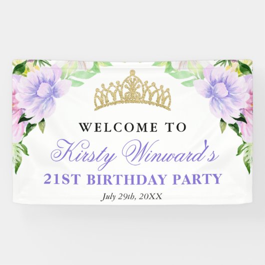 Watercolor Purple Flowers Welcome Birthday Party Banner (Horizontal)