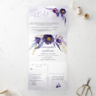 Watercolor Purple Gold Pink Floral Wedding Dreifach Gefaltete Einladung