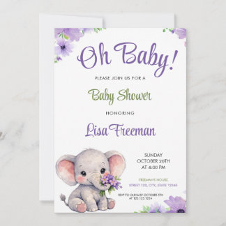 Watercolor Purple & Green Elephant Baby Shower Einladung