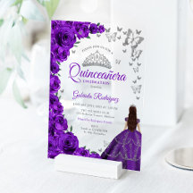 Watercolor Purple Roses Silver Quinceanera