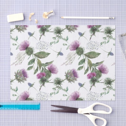 Watercolor Purple Thistle Botanical Pattern Seidenpapier (Handwerk)
