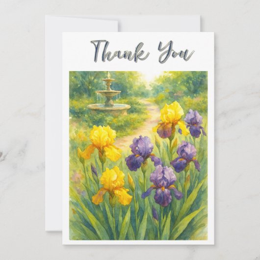Watercolor Purple & Yellow Irises Birthday Party Dankeskarte (Vorderseite)