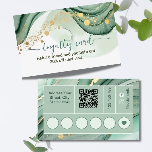 Watercolor-QR-Code Salbeigrün Gold Treuekarte