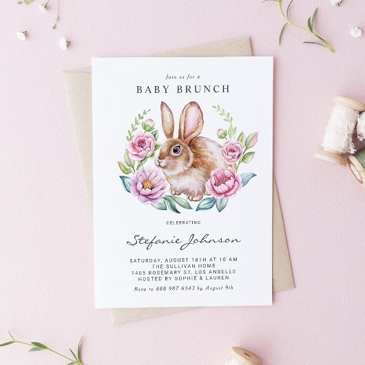 Watercolor Rabbit and Pink Flowers Baby Brunch Einladungspostkarte