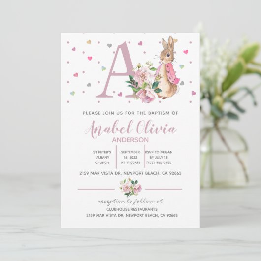 Watercolor Rabbit Flopsy Baby Girl Taufe Einladung (Stehend Vorderseite)