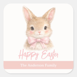 Watercolor Rabbit with Pink Bow| Cute Easter Bunny Quadratischer Aufkleber