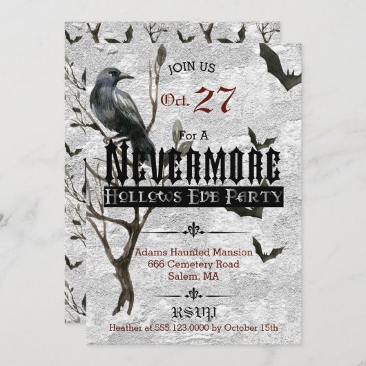 Watercolor-Raben-Nevermore Halloween-Party Einladung (Vorne/Hinten)