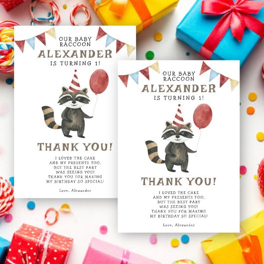 Watercolor Raccoon 1st Birthday  Dankeskarte