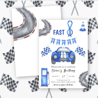 Watercolor Race Car Erster Geburtstag Schnell Eins Einladung