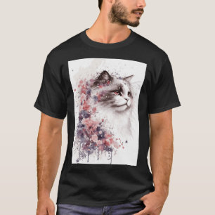 Watercolor Ragdoll Cat Japanese Cherry Blossom Sak T-Shirt