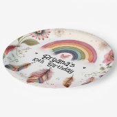 Watercolor Rainbow Bird & Feathers Boho Geburtstag Pappteller (Schrägansicht)