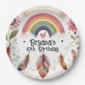Watercolor Rainbow Bird & Feathers Boho Geburtstag Pappteller (Vorderseite)