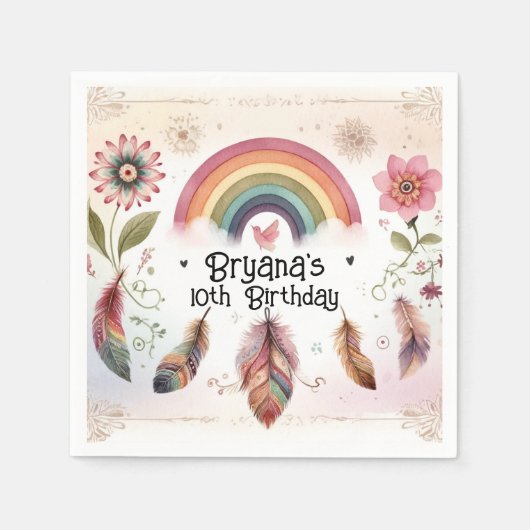 Watercolor Rainbow Bird & Feathers Boho Geburtstag Serviette (Vorderseite)