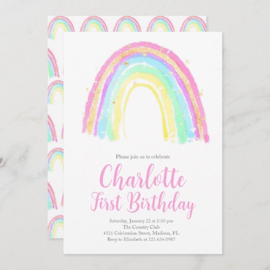 Watercolor Rainbow Birthday Party Einladung (Vorne/Hinten)