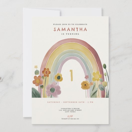 Watercolor Rainbow Flowers 1st Birthday Party Einladung (Vorderseite)