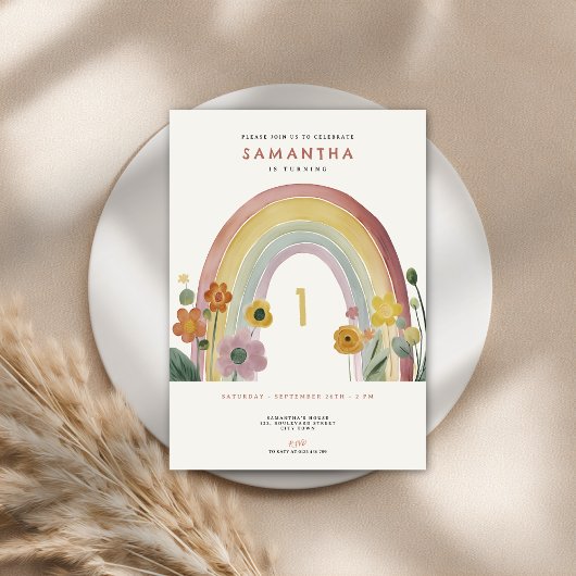 Watercolor Rainbow Flowers 1st Birthday Party Einladung