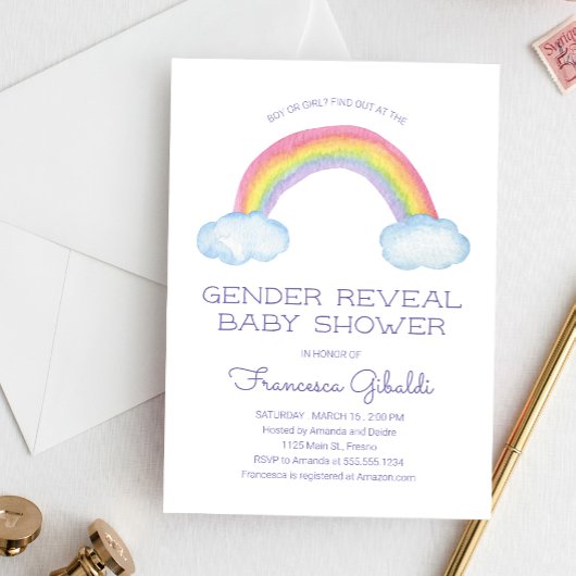 Watercolor Rainbow Gender Reveal Baby Shower Einladung