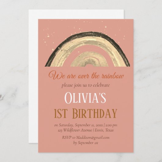 Watercolor Rainbow Girly First Birthday Boho Einladung (Vorne/Hinten)