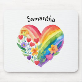 Watercolor Rainbow Heart & Flowers Personalized Mousepad
