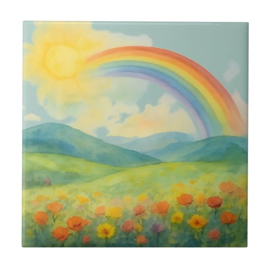 Watercolor Rainbow Landscape with Sun&Wildflowers Fliese (Vorderseite)