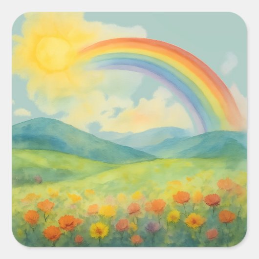 Watercolor Rainbow Landscape with Sun&Wildflowers Quadratischer Aufkleber (Vorderseite)