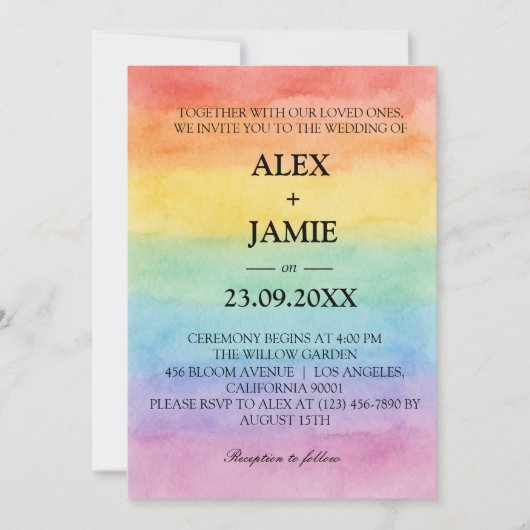Watercolor Rainbow LGBT Gay Wedding Einladung (Vorderseite)