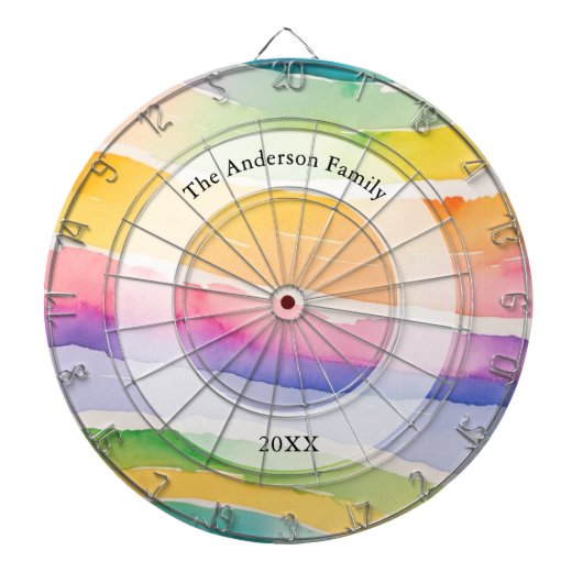 Watercolor Rainbow Stripe Custom Family Name Dartscheibe (vorne)