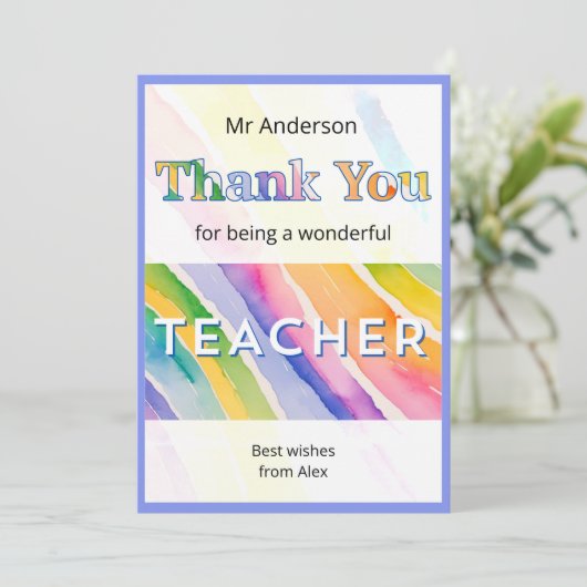 Watercolor Rainbow Stripes Teacher Dankeskarte (Stehend Vorderseite)