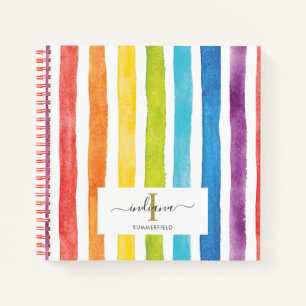 Watercolor Rainbow Strips Monogram Script Name Notizblock