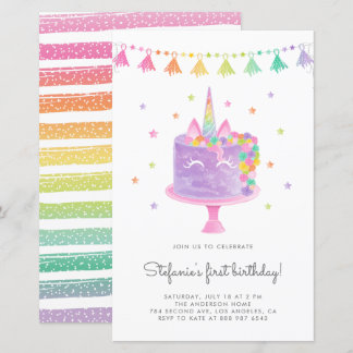 Watercolor Rainbow Unicorn Cake Birthday Einladung