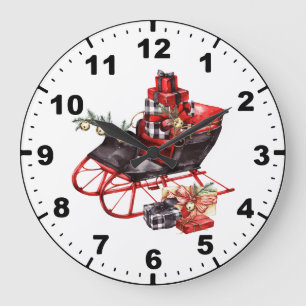 Watercolor Red and Black Sleigh Packages Christmas Große Wanduhr
