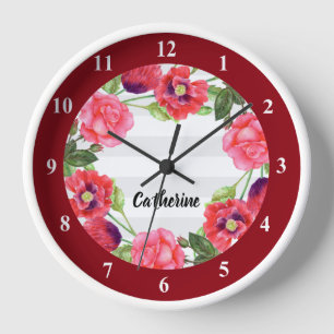 Watercolor Red and Pink Flowers Wreath Circle Uhr