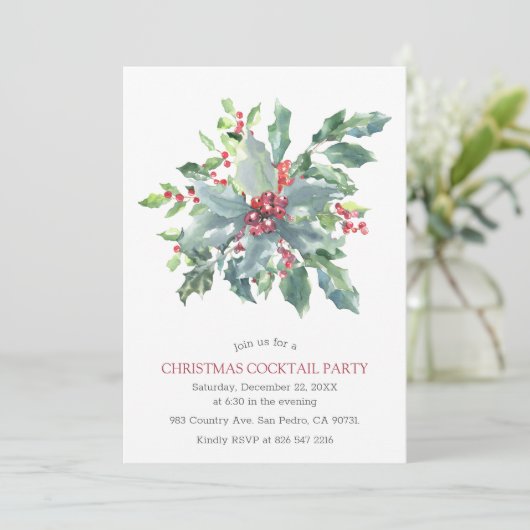 Watercolor Red Berries Heiligabend Party Einladung (Stehend Vorderseite)