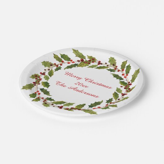 Watercolor Red Berries Holly Frohe Weihnachten Pappteller (Schrägansicht)