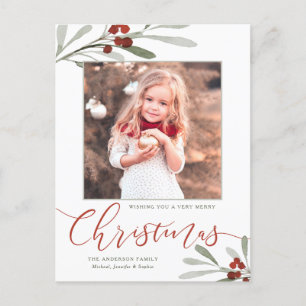 Watercolor Red Berry Greenery Weihnachts-Foto Feiertagspostkarte