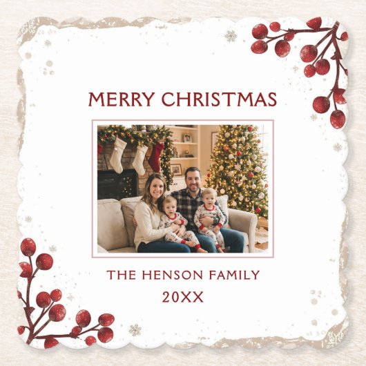 Watercolor Red Berry Winter Wreath Family Photo Untersetzer (Vorderseite)