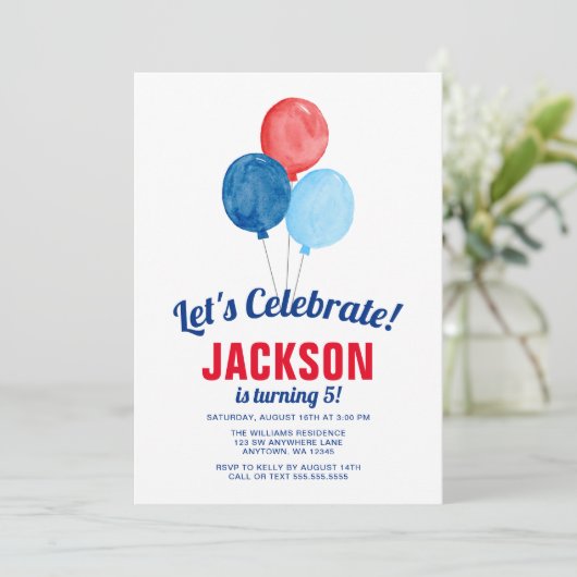 Watercolor Red Blue Balloons Boy Birthday Einladung (Stehend Vorderseite)
