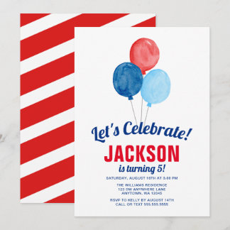 Watercolor Red Blue Balloons Boy Birthday Einladung